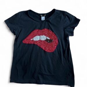 Trendy Black Crop Top with Red Sequin Lips